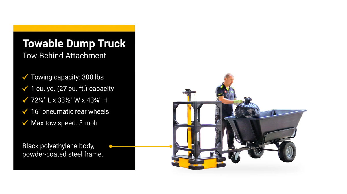 Electric burden carrier towing a tow-behind poly dump cart — 300 lb towing capacity, 1 cu. yd. hopper
