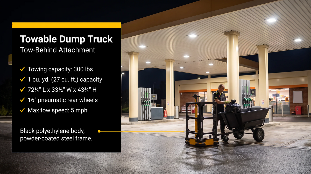 Electric burden carrier pulling a towable dump cart for trash and debris hauling at a fuel station at night