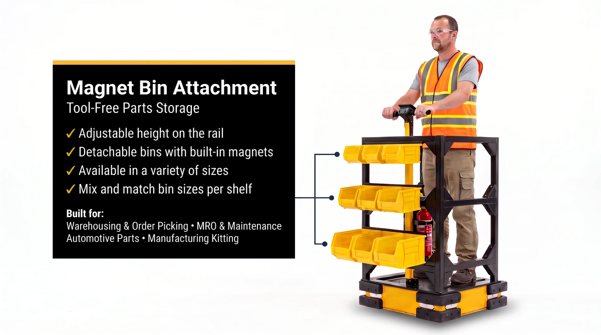 Electric burden carrier with magnet bin attachment — detachable parts bins for order picking and kitting