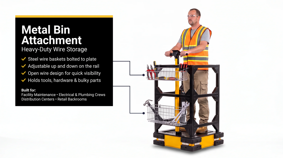 Electric burden carrier with steel wire basket attachment carrying tools and parts — mobile maintenance cart