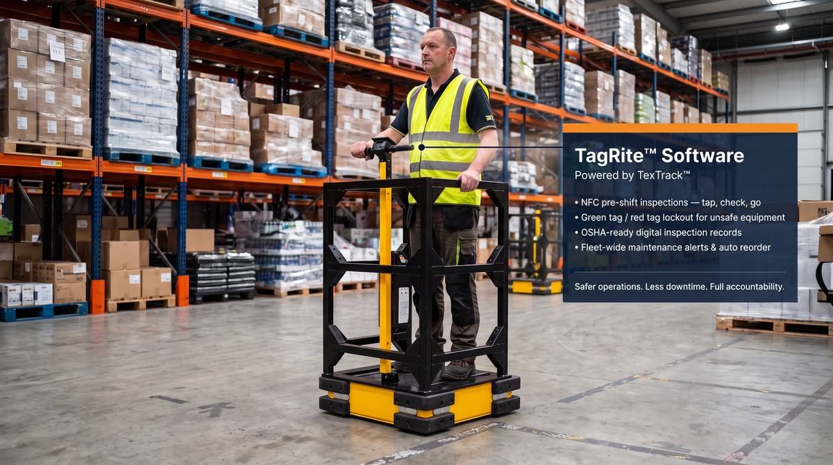 TexTrack electric standing scooter, a modular warehouse scooter for moving people and materials across large facilities