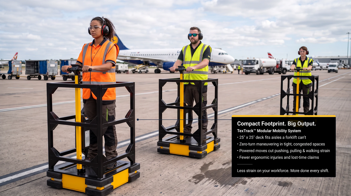 TexTrack electric warehouse cart, a powered material handling cart for tight aisles