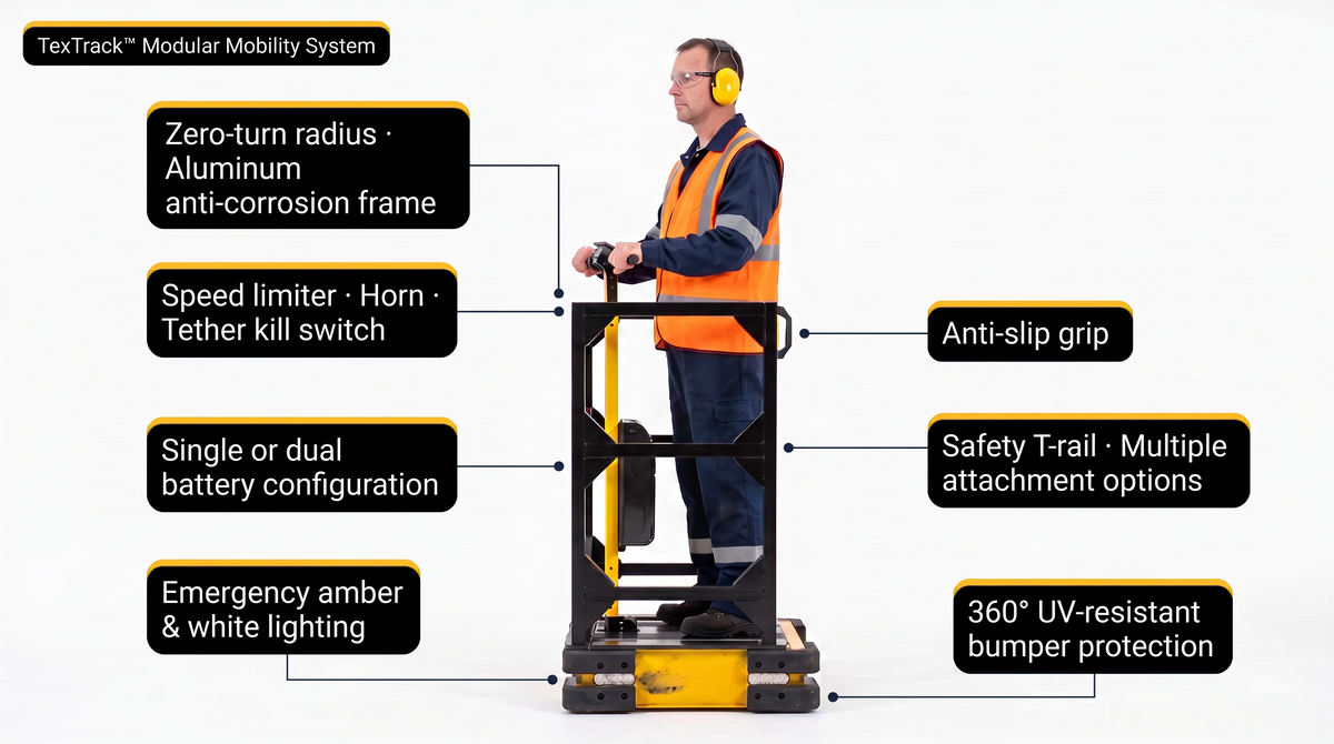 TexTrack electric burden carrier with modular deck for warehouse material handling