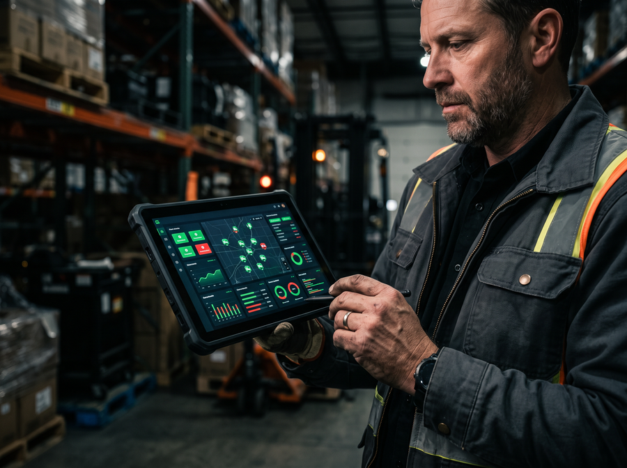 Maintenance manager reviewing a fleet status dashboard on a tablet