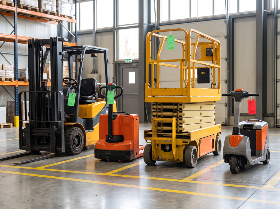 Mixed warehouse fleet with green and red inspection tags