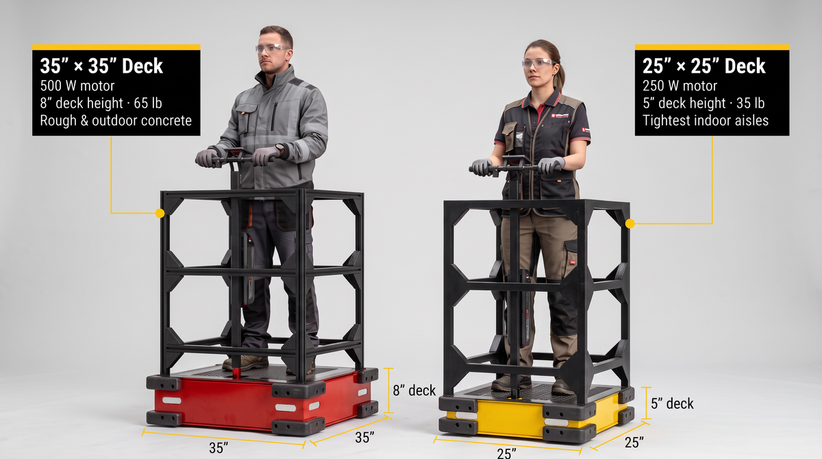 TexTrack standing scooter deck sizes compared: 35 x 35 inch deck with 500 W motor and 8 inch deck height, and 25 x 25 inch deck with 250 W motor and 5 inch deck height